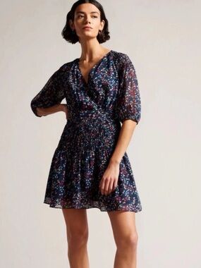 Ted Baker Casadee Smocked Floral Print Mini Wrap Dress Sz US 6 Or Ted Sz 2